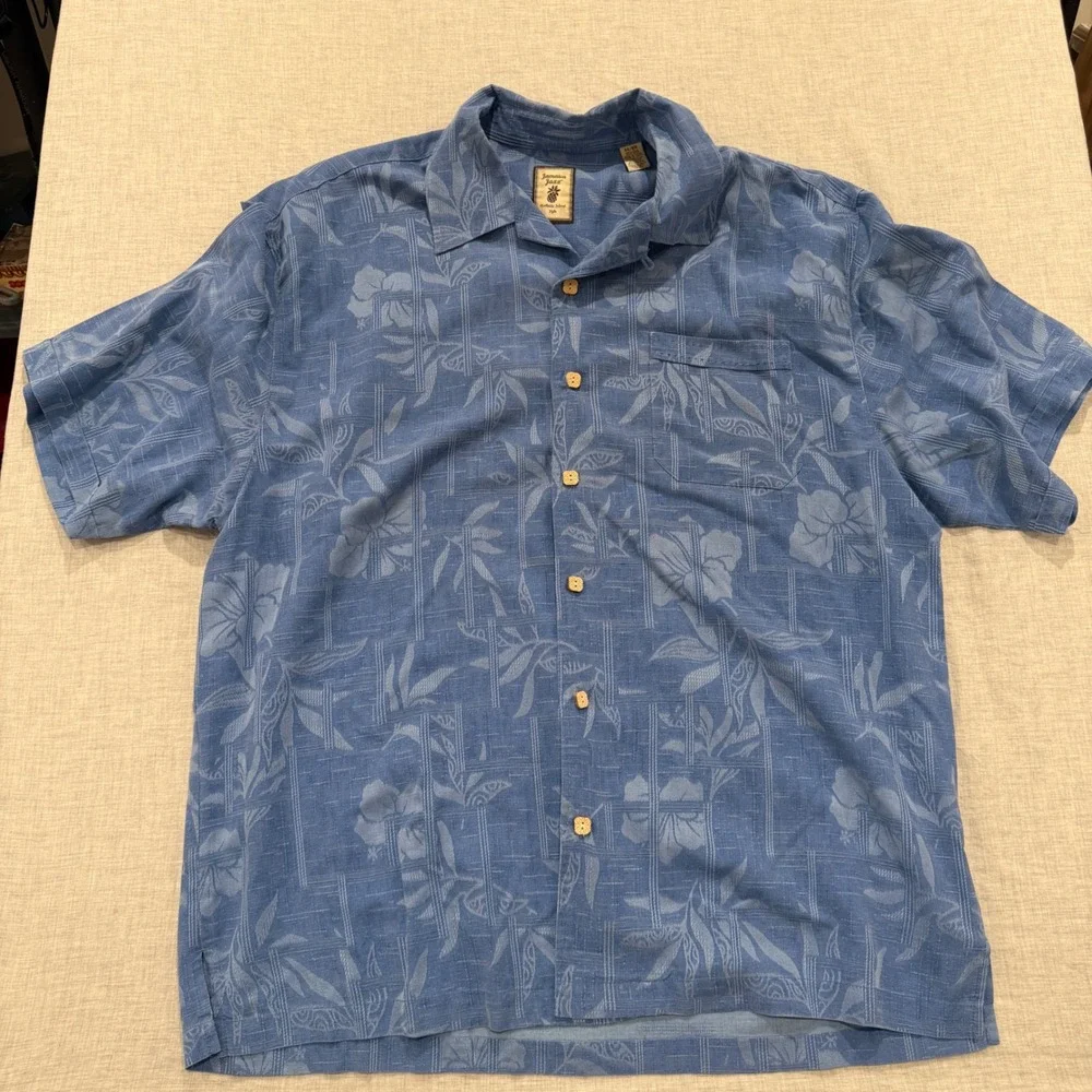 Jamaica Jaxx Mens XL Blue 100% Silk Jacquard Tropical Floral Camp Aloha Shirt